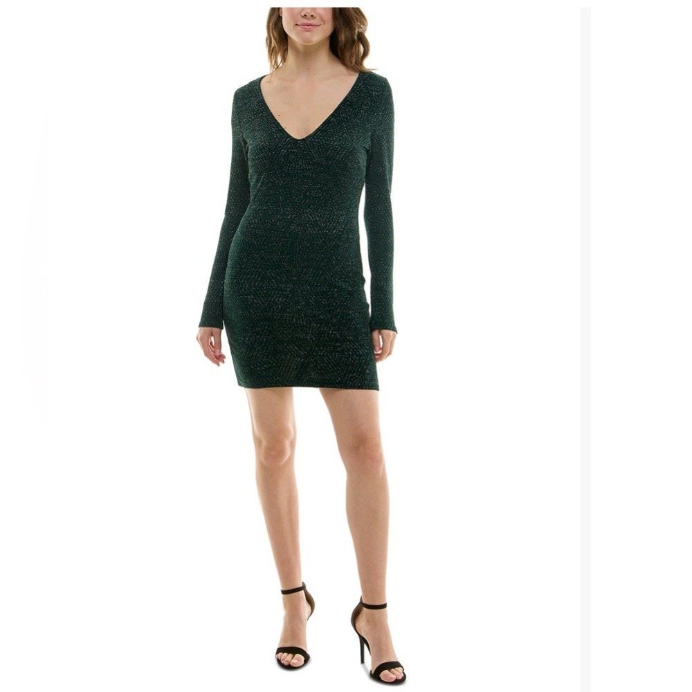 Speechless Emerald Green Metallic V-Neck Long Sleeve Bodycon Mini Dress size‎ S